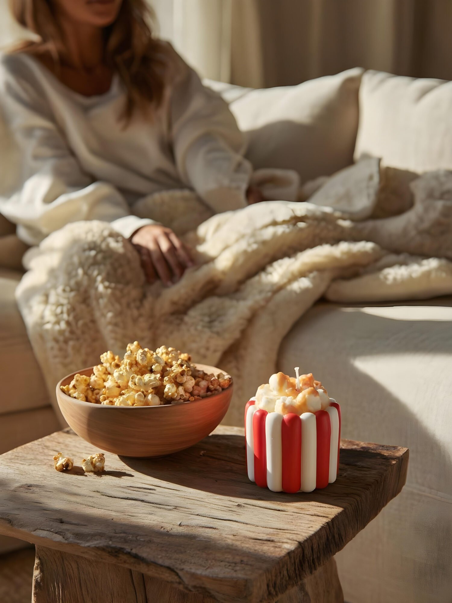 Vela decorativa Movie Night com aroma a pipocas doces e design inspirado em cinema
