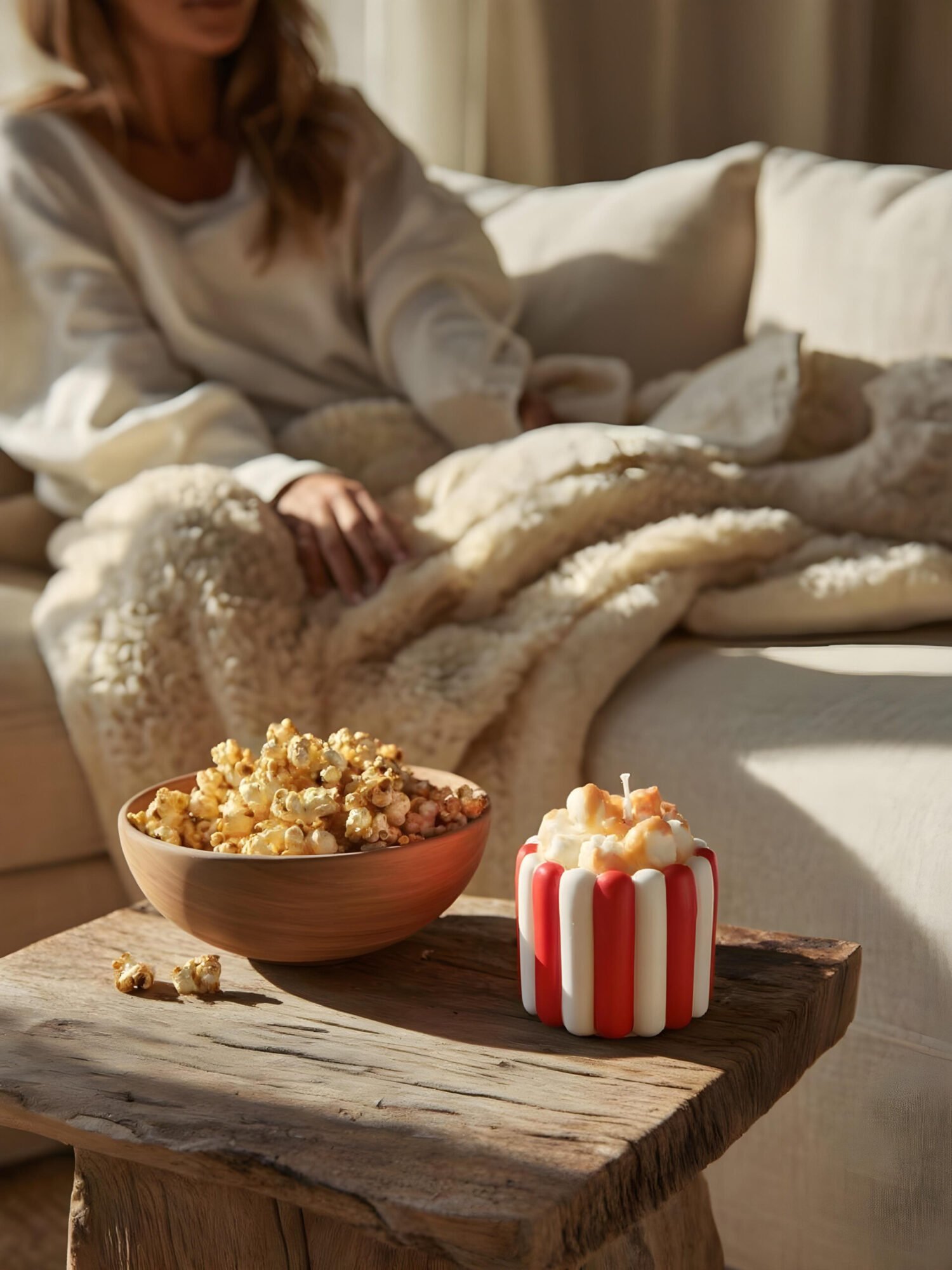 Vela decorativa Movie Night com aroma a pipocas doces e design inspirado em cinema