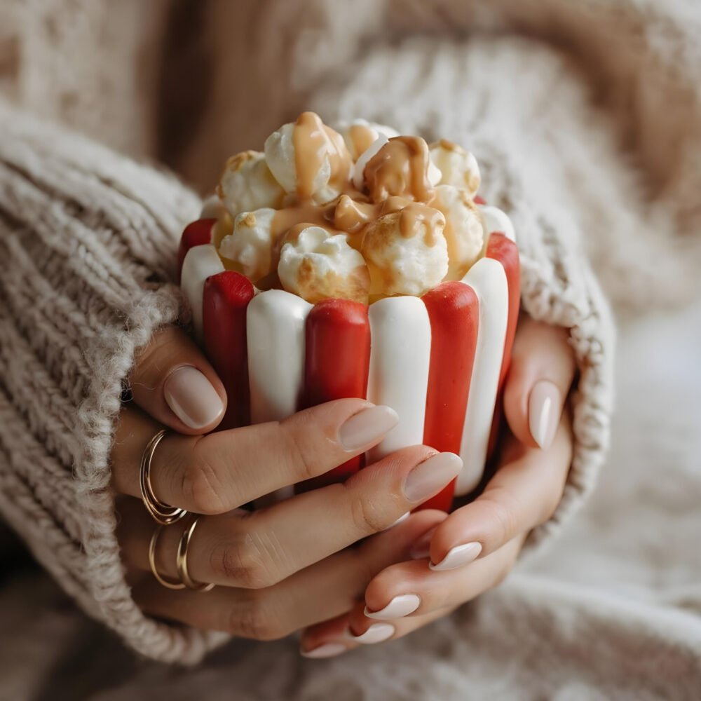 Vela decorativa Movie Night com aroma a pipocas doces e design inspirado em cinema