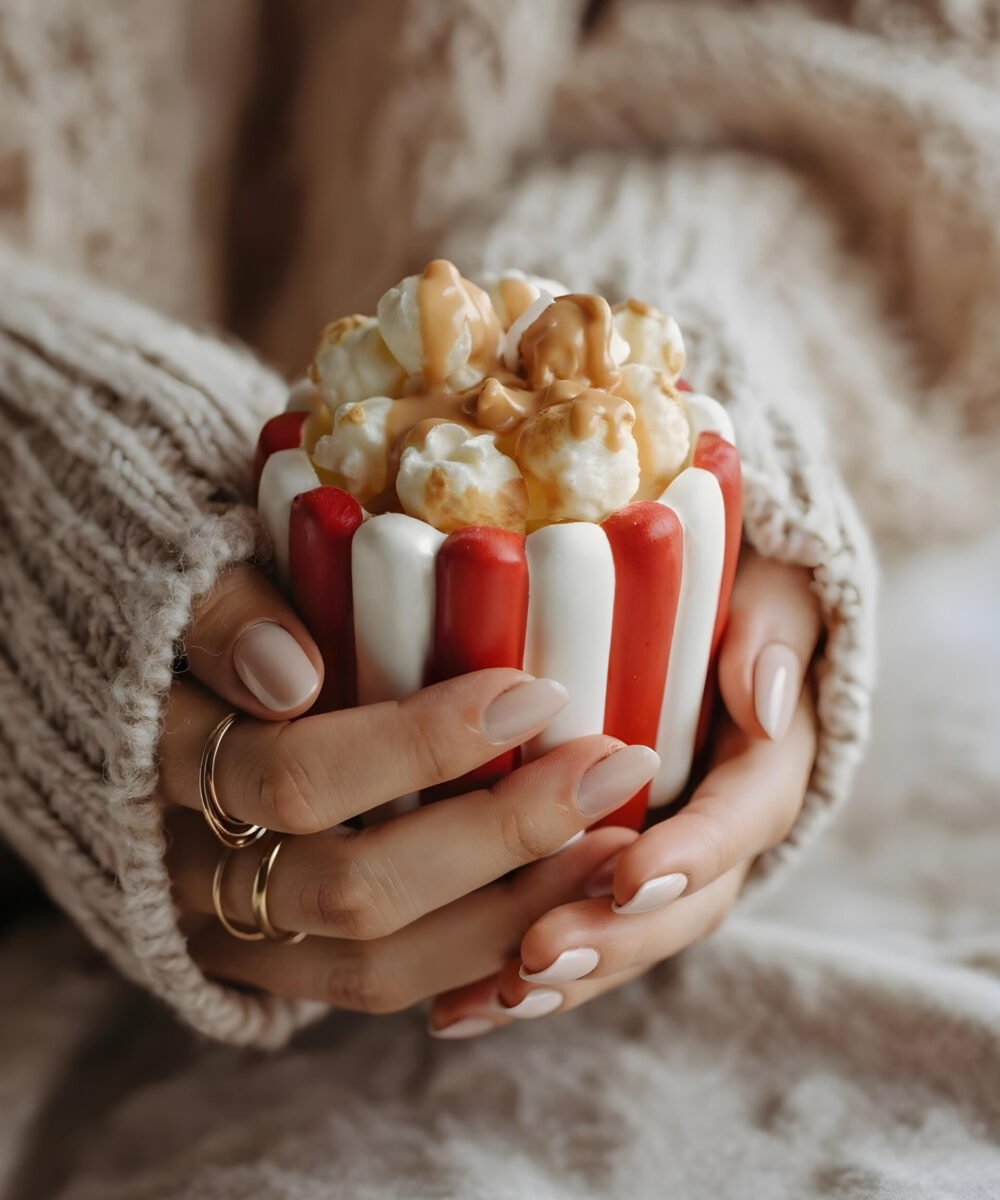 Vela decorativa Movie Night com aroma a pipocas doces e design inspirado em cinema