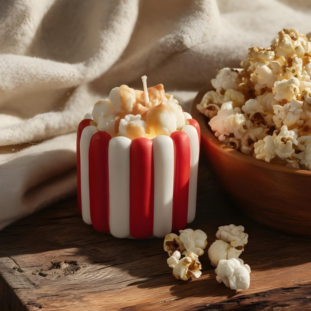 Vela decorativa Movie Night com aroma a pipocas doces e design inspirado em cinema