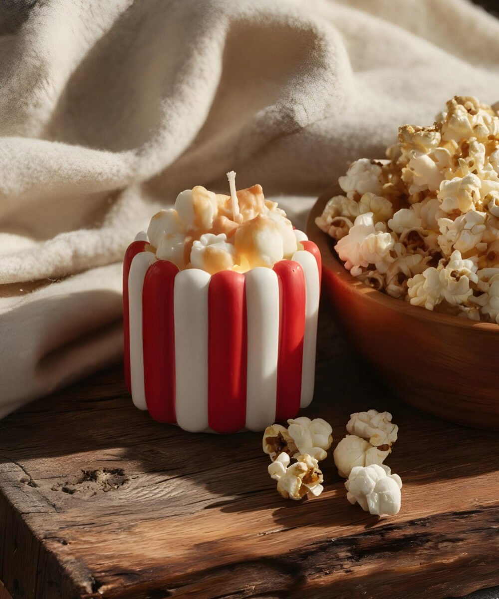 Vela decorativa Movie Night com aroma a pipocas doces e design inspirado em cinema