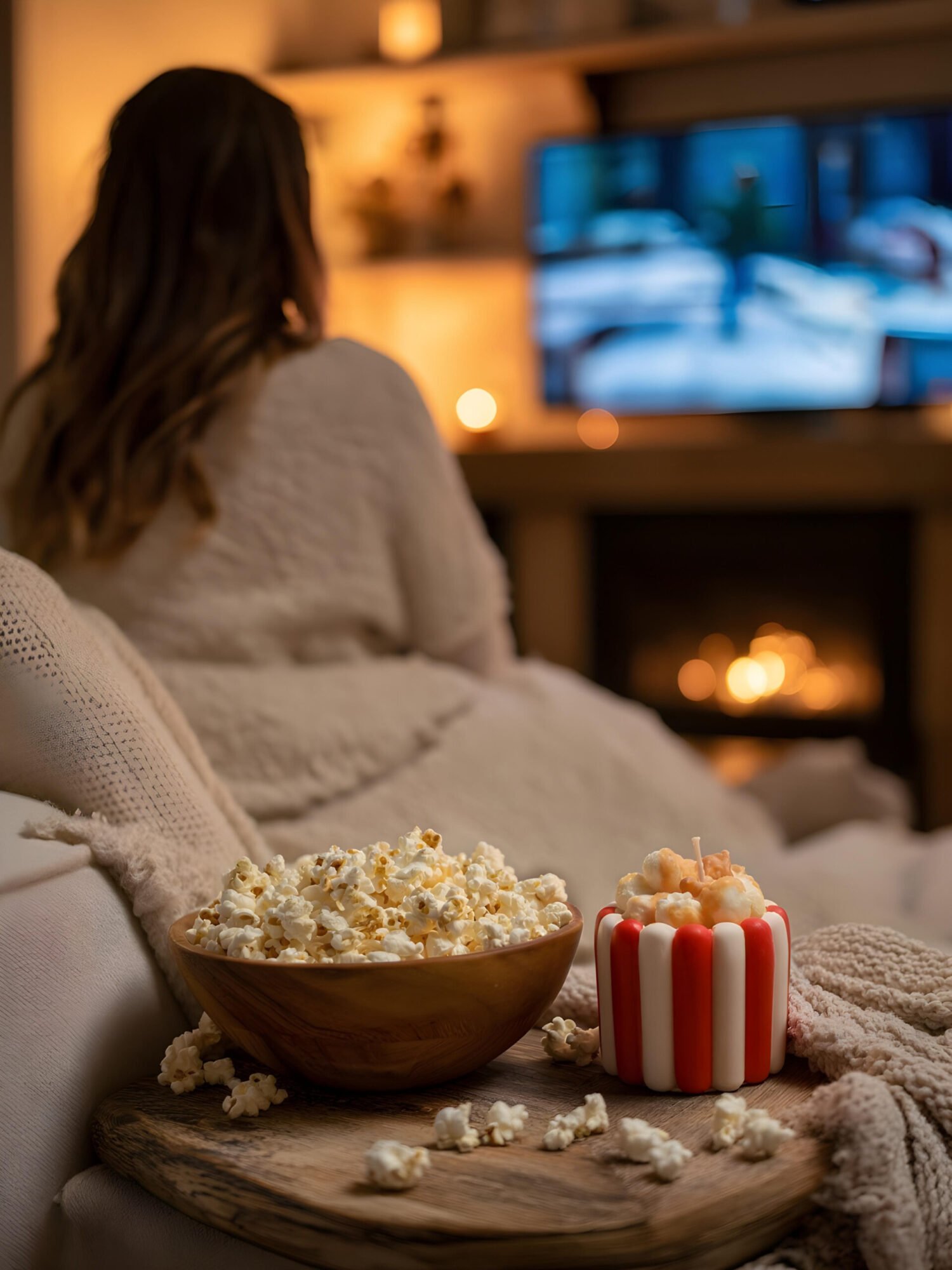 Vela decorativa Movie Night com aroma a pipocas doces e design inspirado em cinema